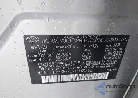 2020 Hyundai Santa Fe Limited 2.0T из США, поврежденный, VIN 5NMS53AA4LH218157